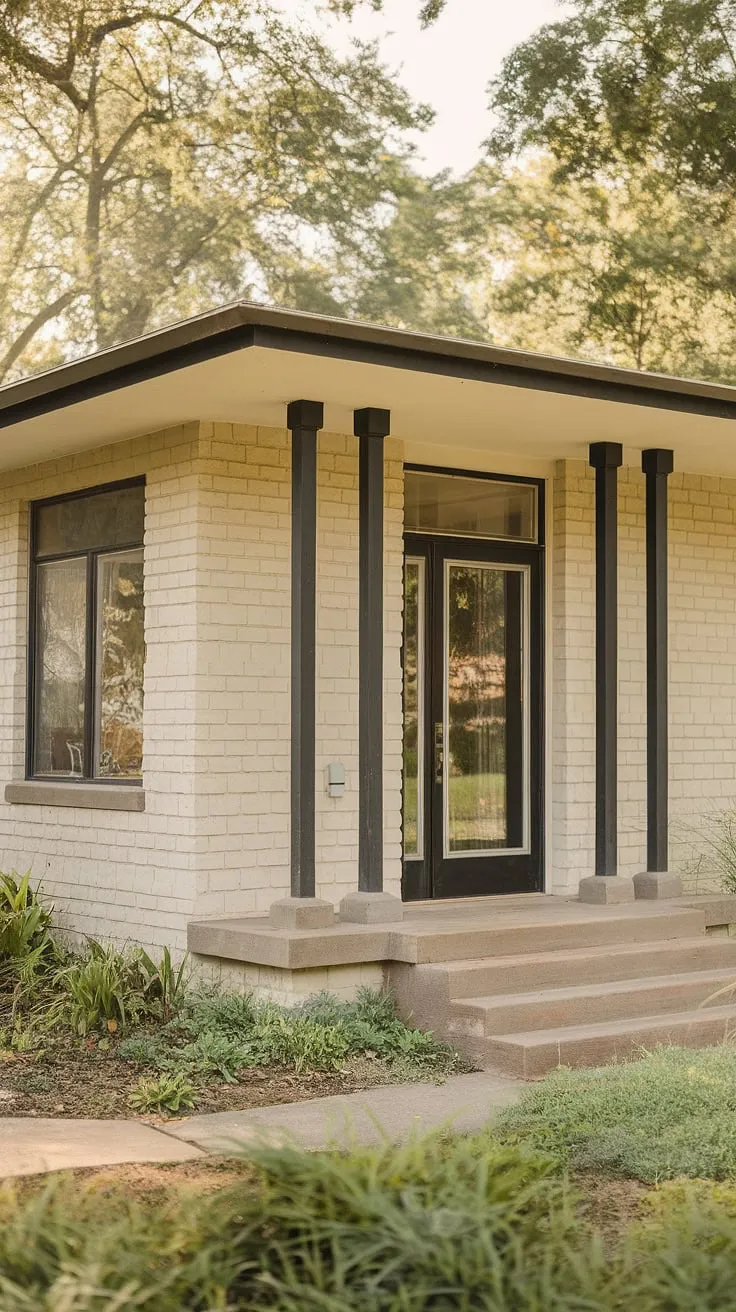 This beige stucco beauty showcases the best of mid-century design. A low-pitched roof, graceful columns, and a central glass door invite you in. The surrounding greenery enhances the home's serene atmosphere. A perfect example of understated sophistication.