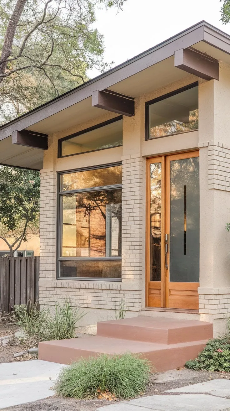 A picture-perfect example of mid-century modern design, this home's understated elegance shines through its clean lines, natural materials, and expansive glass. The subtle beige tones and lush landscaping create a serene and inviting ambiance, a sanctuary of calm in a bustling world.