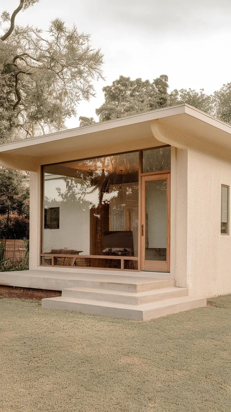 A picture of understated elegance: this mid-century home showcases the beauty of simple design. The large window floods the interior with natural light, while the concrete porch offers a peaceful spot to enjoy the surrounding landscape. A perfect example of how architectural details can create a sense of calm and serenity.