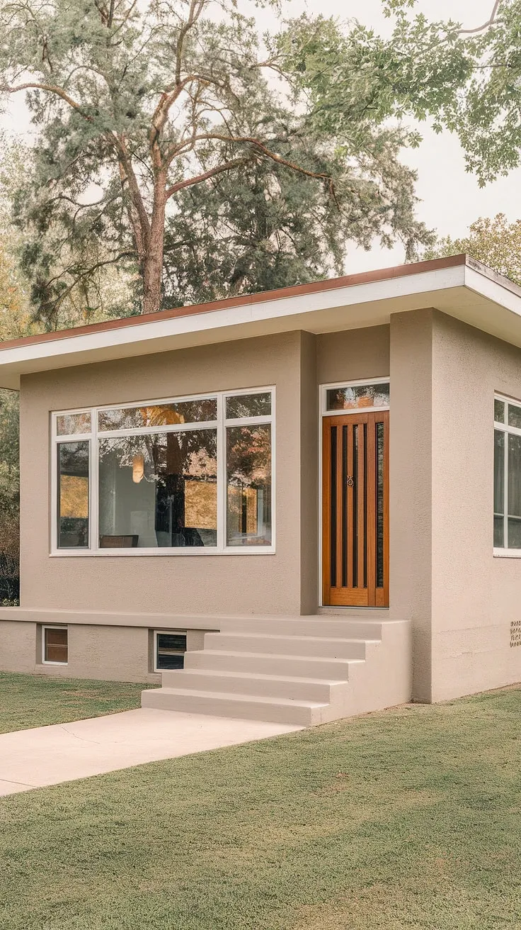 A picture of tranquil suburban living. This charming mid-century bungalow, painted in a calming beige, boasts a welcoming front porch and large windows that bathe the interior in natural light. The simple, boxy architecture and well-maintained lawn create a sense of peaceful serenity. A perfect example of understated beauty.