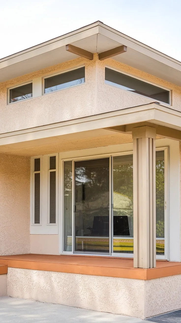 The subtle beige and white palette of this stucco bungalow creates a serene atmosphere. A spacious glass sliding door and a welcoming wooden porch with supporting columns offer a glimpse into the inviting interior. This A-frame home is a testament to the enduring appeal of mid-century modern architecture.