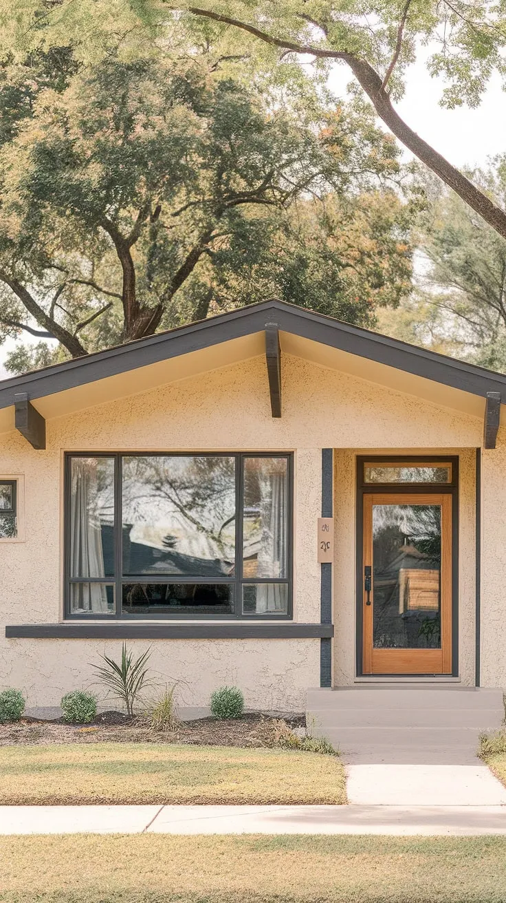This mid-century modern bungalow, with its warm beige stucco and crisp black accents, exudes timeless charm. The expansive front porch beckons for lazy afternoons and quiet evenings, while the large window promises an abundance of natural light within. A perfect blend of classic design and modern comfort.