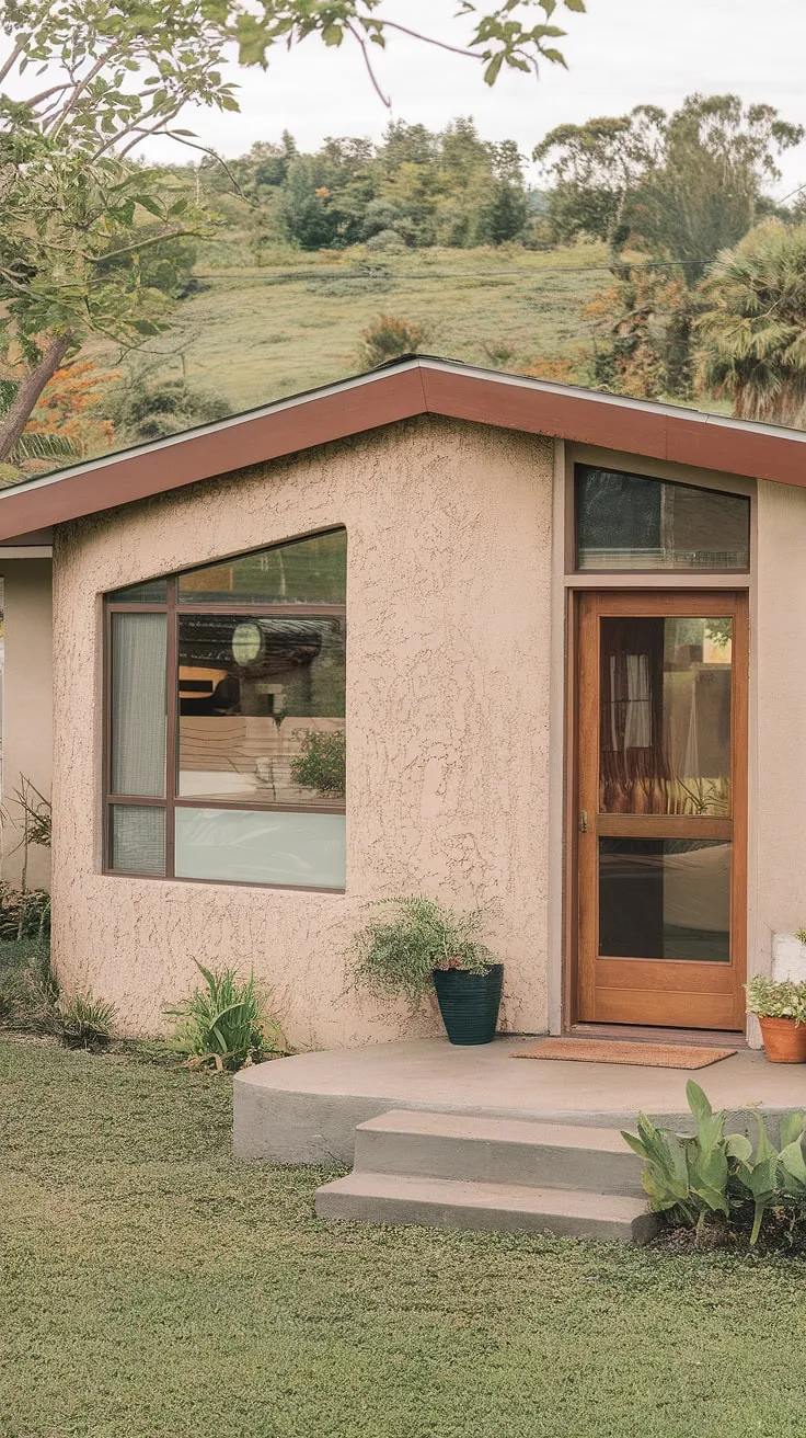 Mid-century modern charm at its finest. The gentle curve of the stucco facade, the expansive window, and the warm wood door create a welcoming entrance to this tranquil bungalow, nestled amongst lush greenery. A testament to timeless design and peaceful living. A perfect blend of architectural ingenuity and natural beauty.