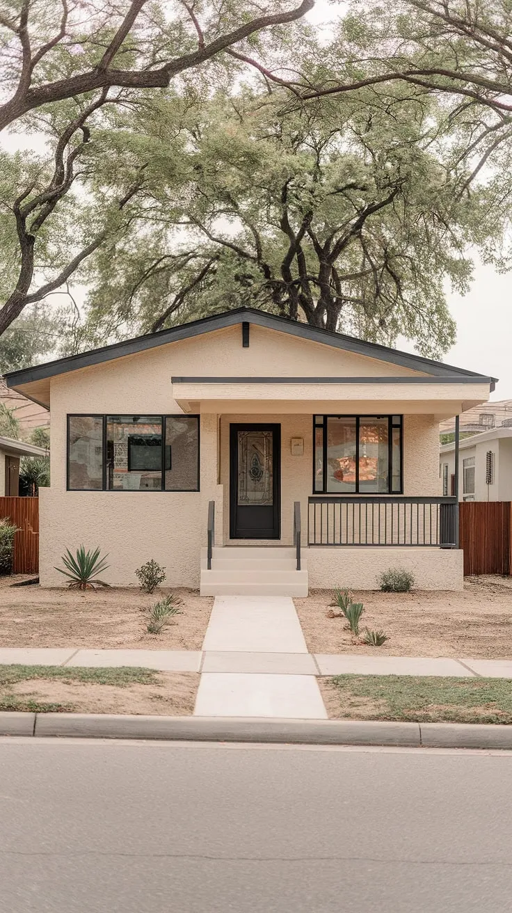 This mid-century modern bungalow, with its clean lines and beige stucco exterior, perfectly embodies timeless design. The contrast of the black door and white porch creates a striking yet harmonious entrance, showcasing the home's understated elegance. A testament to simple sophistication.