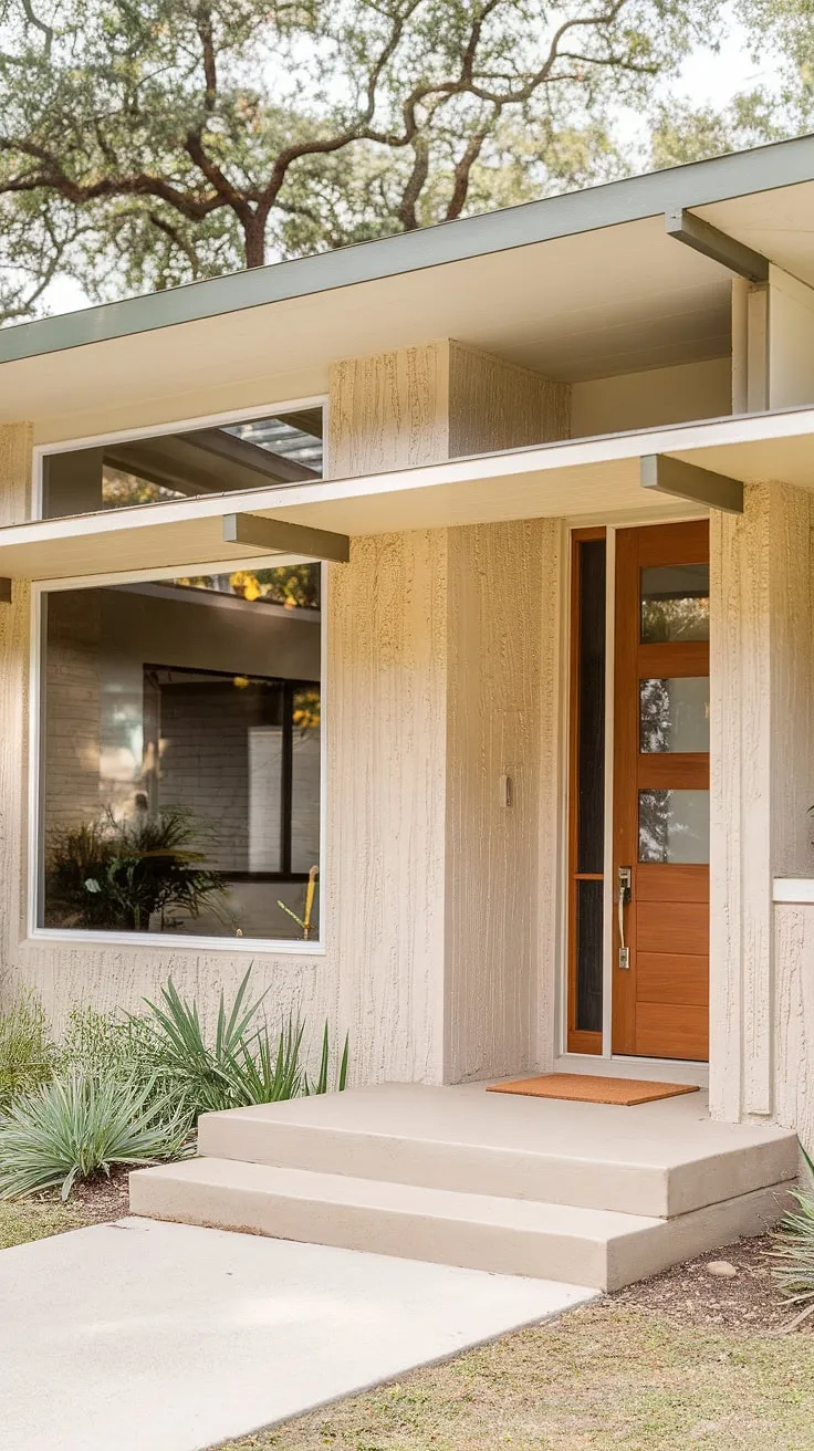This mid-century modern home, with its clean lines and stucco exterior, exudes timeless elegance. The large windows and warm wood door invite you in, promising a sanctuary of calm and sophisticated design. A perfect blend of form and function, this architectural gem showcases the enduring appeal of A classic style.