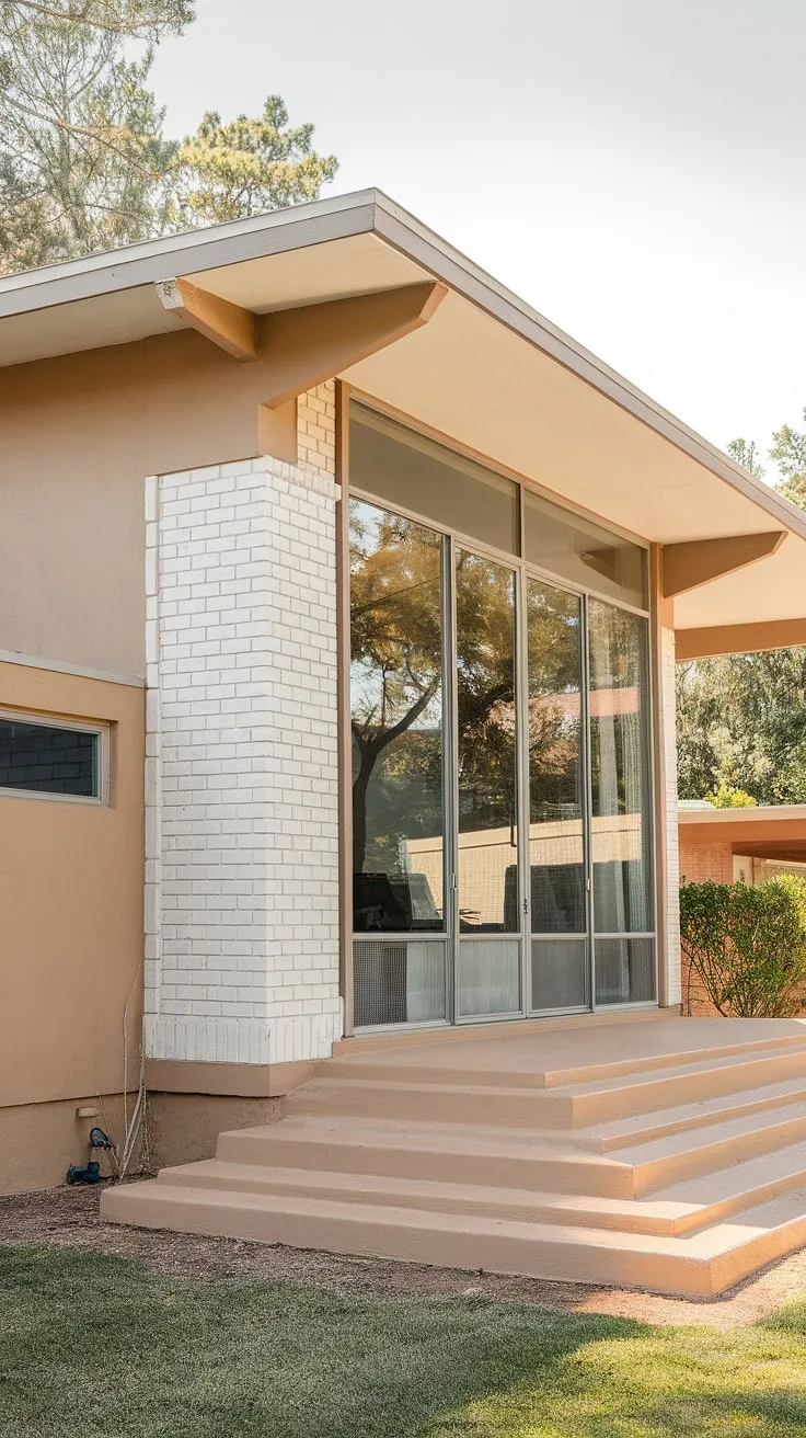 A picture of understated elegance: this mid-century home boasts a simple rectangular form, punctuated by a striking expanse of glass. The subtle contrast between the beige stucco and crisp white trim, along with the meticulously landscaped yard, creates a sense of calm and sophistication. A true architectural icon.