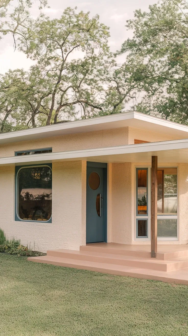 Mid-century modern meets tranquil landscape. The creamy stucco exterior, accented by a bold blue door and a playful round window, creates a timeless appeal. A perfect blend of architectural elegance and serene surroundings. A true testament to classic design.