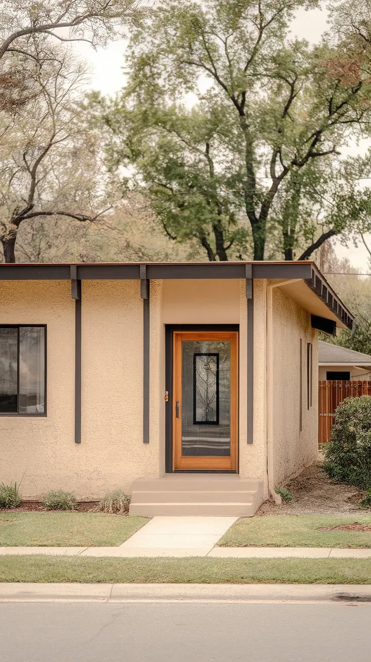 This mid-century modern gem, with its clean lines and warm stucco exterior, effortlessly blends classic design with contemporary appeal. The vertical wood beams add a touch of rustic charm, while the expansive glass front door invites you inside to discover the timeless elegance within. A true testament to enduring architectural style.