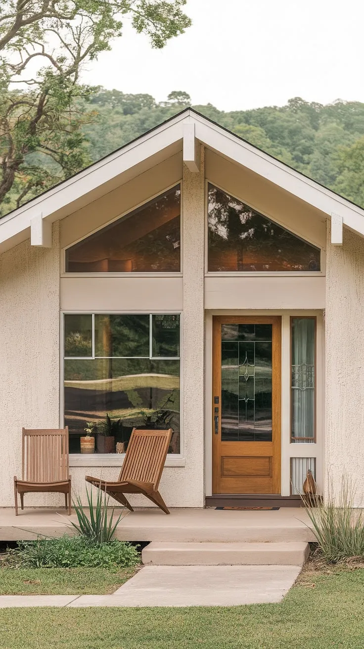 Step back in time with this mid-century modern masterpiece. The clean lines, stucco exterior, and welcoming porch-complete with wooden chairs perfect for enjoying a quiet evening-perfectly capture the era's elegant simplicity. A true testament to timeless design.