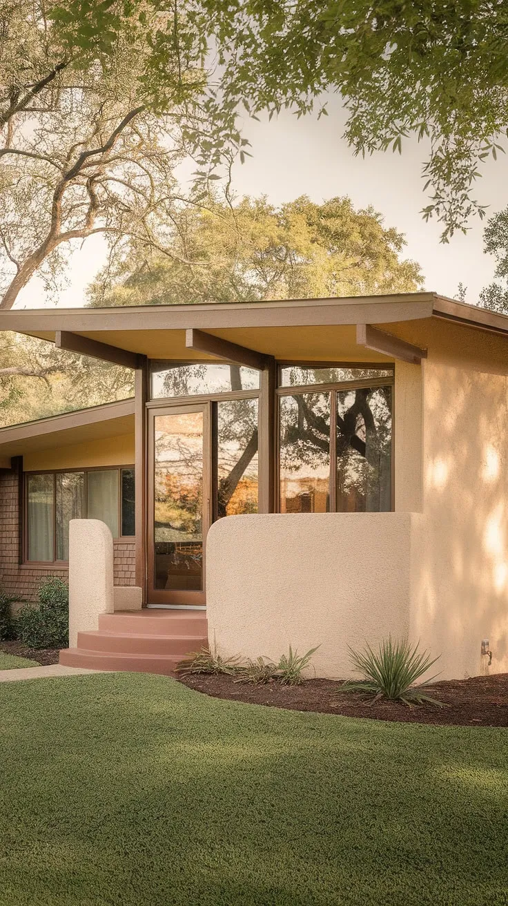 This light beige stucco home, nestled amongst lush greenery, is a testament to the enduring appeal of mid-century design. The curved porch and expansive glass door invite you in, promising a sanctuary of comfort and style. A true architectural gem.