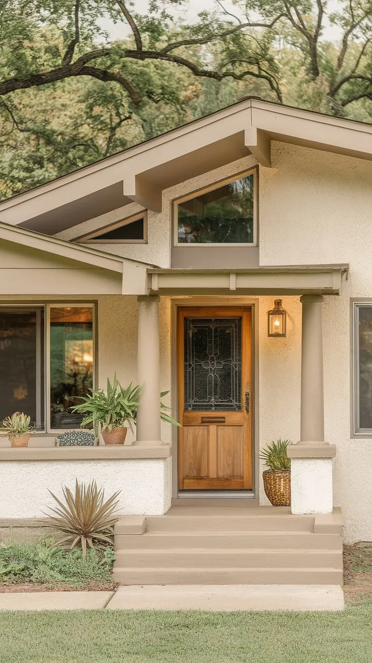 Mid-century modern meets tranquil escape. The gentle curve of the stucco walls and the slanted roofline create a sense of understated elegance, perfectly complemented by the lush greenery and inviting porch. A testament to timeless design, this home whispers stories of relaxed living and effortless style. A true sanctuary.