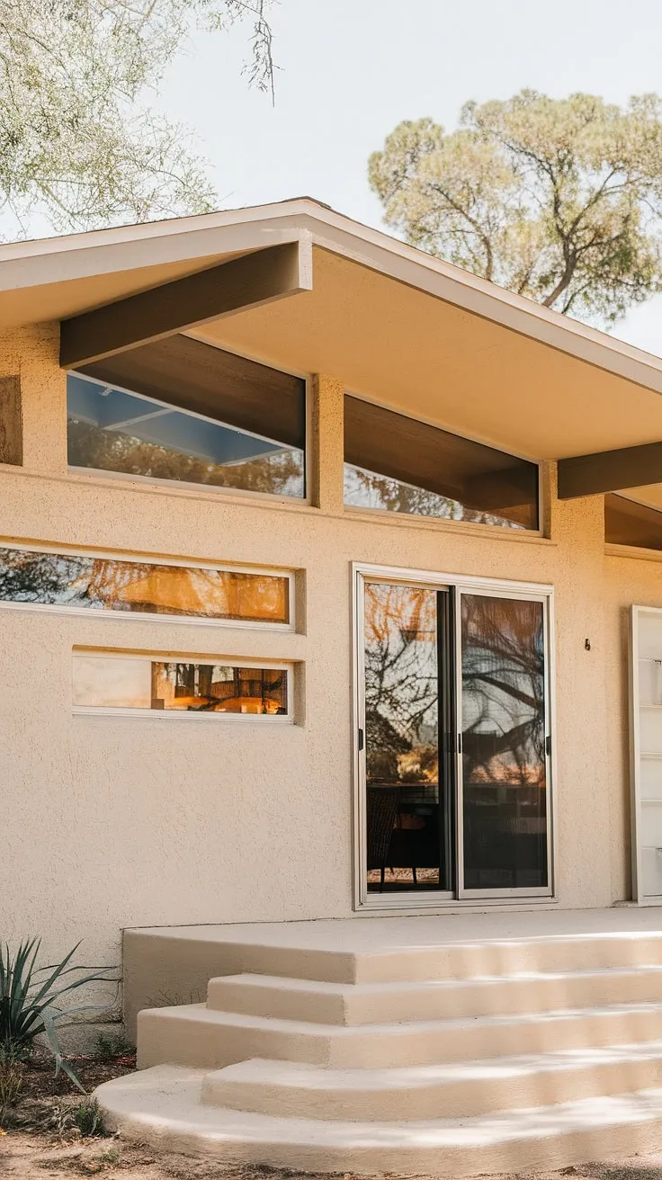 A tranquil oasis of mid-century modern architecture. The subtle texture of the stucco exterior, the low-pitched roof, and the carefully considered placement of windows all contribute to a sense of calm and serenity. A perfect example of how form and function can coexist beautifully.