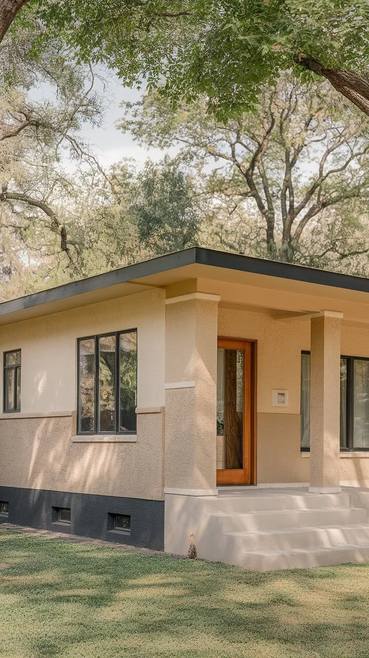 This mid-century modern gem, with its clean lines and understated elegance, sits nestled amongst lush greenery, a testament to timeless design. The contrasting stucco tones and black roof create a sophisticated palette, while the inviting porch promises quiet evenings and warm gatherings.