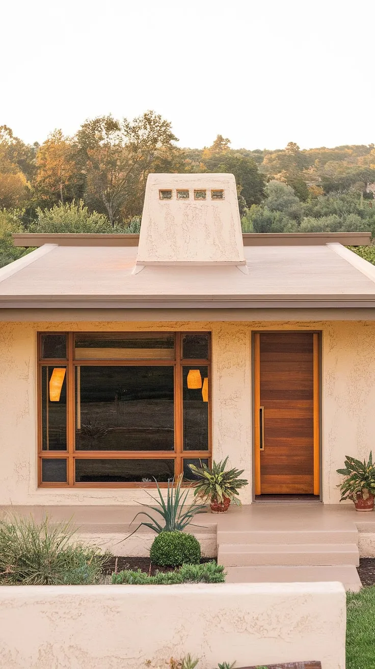 A picture of serenity: This beautifully preserved mid-century home showcases the enduring charm of simple lines and natural materials. The light beige stucco, dark wood framing, and vibrant landscape create a harmonious whole, a true sanctuary. A perfect example of architectural grace.