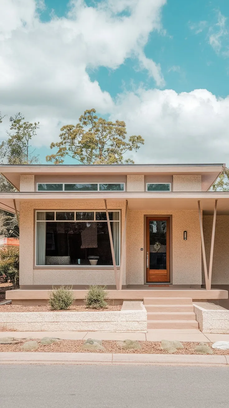 This mid-century modern bungalow, bathed in the warm afternoon sun, exudes a timeless elegance. The clean lines, expansive windows, and inviting porch create a sense of calm and understated luxury; a perfect blend of form and function. A testament to classic design, it stands as a tranquil oasis against the vibrant blue sky.