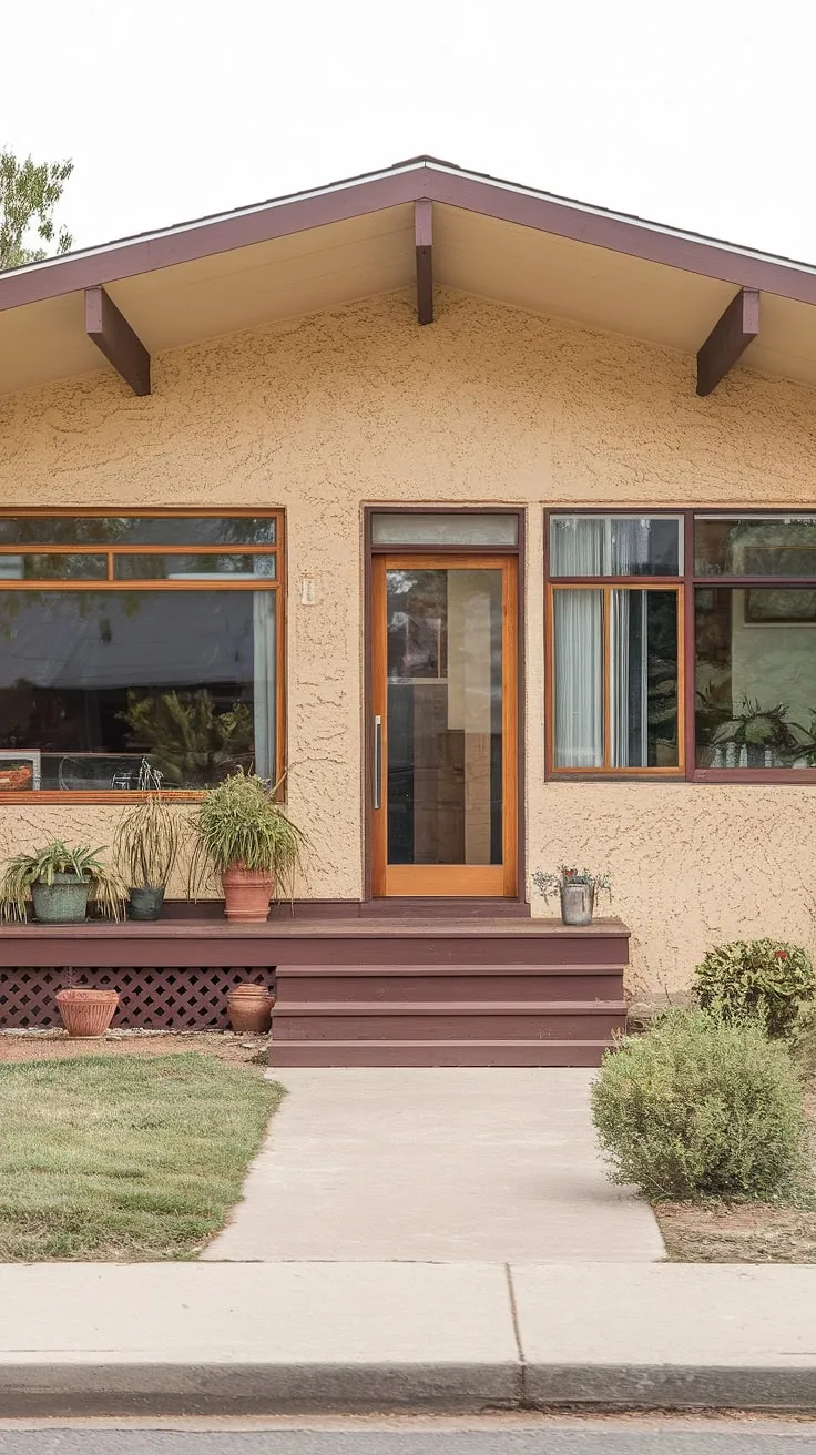 This mid-century modern bungalow whispers stories of simpler times. The warm beige stucco, deep brown porch, and expansive glass door invite you in to discover its timeless charm. A perfect blend of classic architecture and understated elegance, it's a testament to enduring design. A few well-placed potted plants add a touch of modern life to this architectural gem. A truly captivating home.