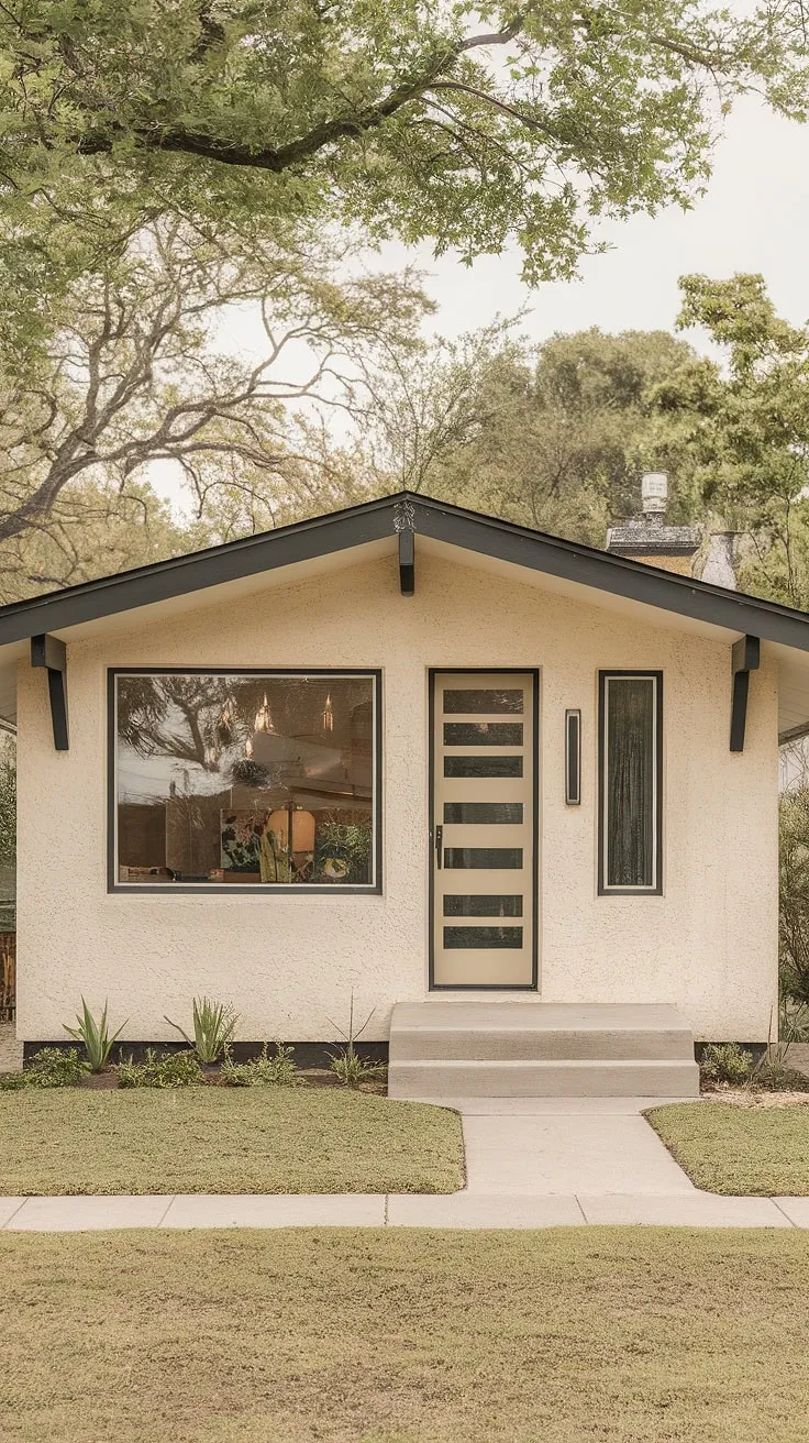 A picture of serenity: this light beige stucco bungalow, with its signature mid-century modern details-the low-pitched roof, expansive window, and sleek black accents-stands as a beautiful example of architectural simplicity. The surrounding landscape enhances its peaceful ambiance, creating a home that feels both stylish and inviting.
