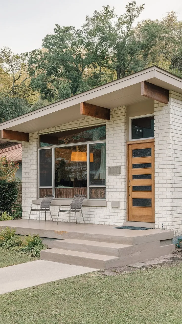 This mid-century modern bungalow, with its clean lines and expansive windows, effortlessly blends classic architecture with a tranquil setting. The exposed wood beam and subtle color palette add to its timeless appeal, creating a space where comfort and style meet. A perfect example of understated elegance.