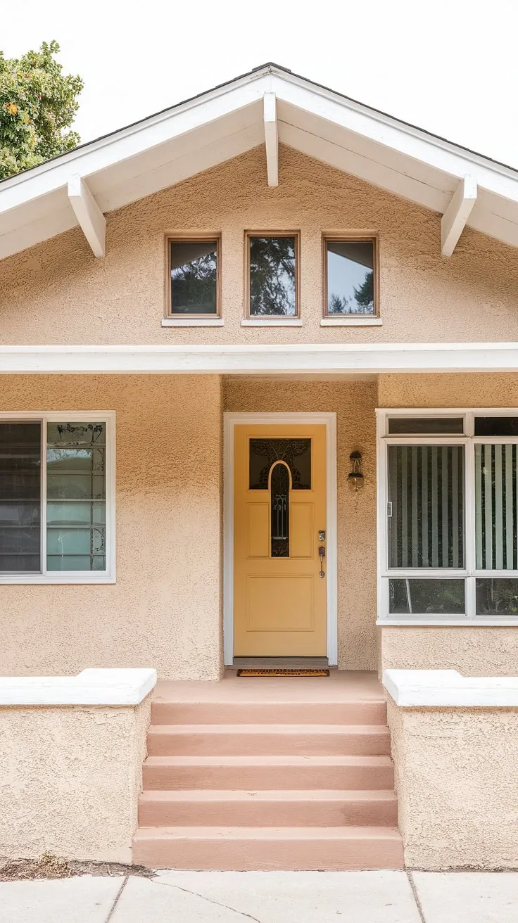 A charming mid-century modern home, refreshed with a vibrant yellow door and crisp white trim. The symmetrical facade and subtle stucco detailing create a sense of calm and understated elegance. A perfect example of how a few well-chosen updates can enhance a classic design.