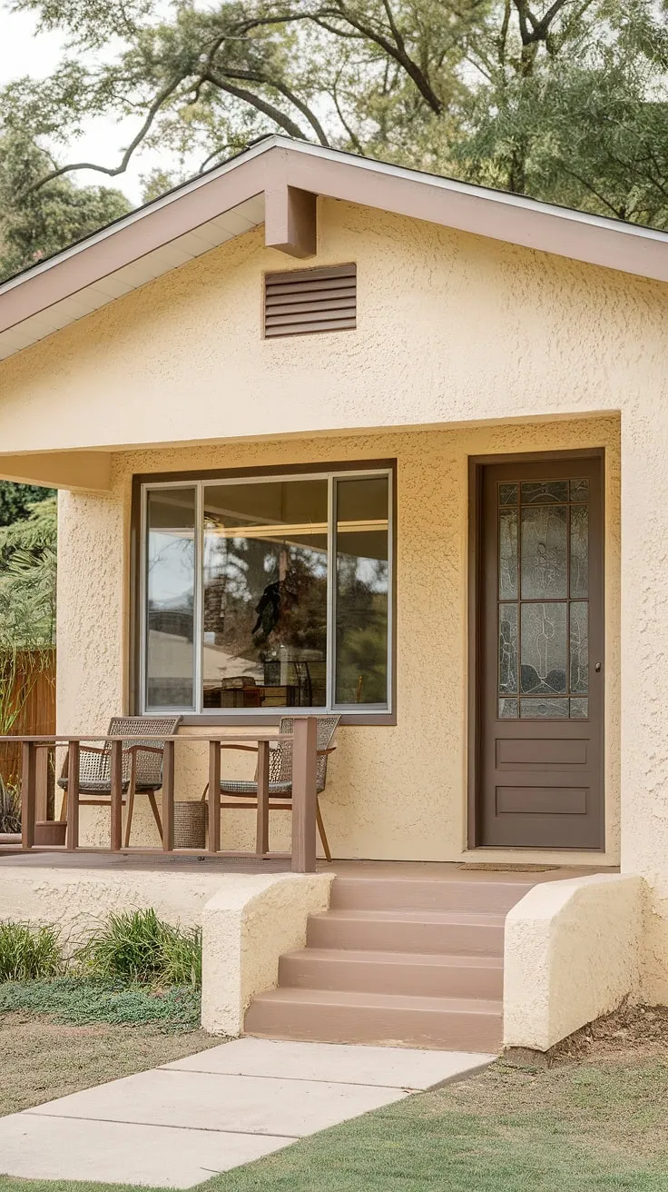 A picture-perfect example of mid-century modern architecture, this beige stucco bungalow boasts clean lines and a welcoming atmosphere. The thoughtfully designed porch, complete with wooden railings and comfortable seating, invites relaxation and contemplation. A serene escape awaits.