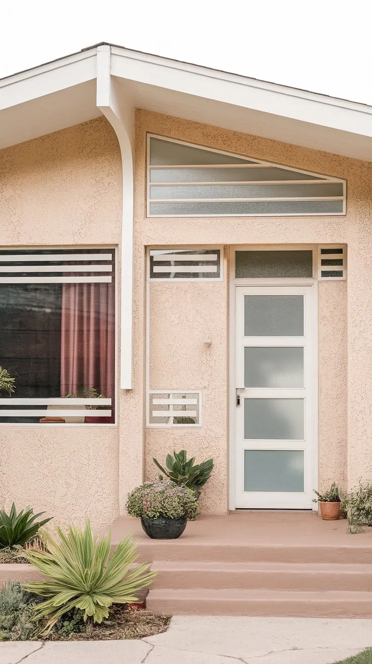 This mid-century modern bungalow, with its clean lines and subtle curves, exudes a timeless charm. The beige stucco exterior, accented by crisp white trim and frosted glass, creates a welcoming and peaceful atmosphere. A few potted plants on the porch add a touch of life to this perfectly preserved architectural gem.