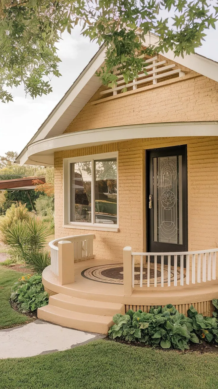 A captivating blend of classic and contemporary. This warm beige bungalow, accented by crisp white trim and a unique black entryway, sits nestled amongst vibrant greenery. A perfect example of mid-century modern architecture, this home exudes a sense of calm and sophistication. A place to unwind, a space to create memories.
