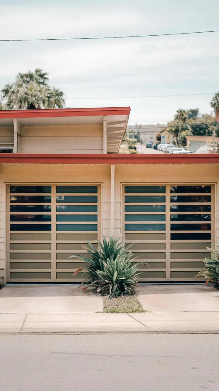 This mid-century modern home harmoniously blends architectural elegance with understated charm, featuring striking sliding wooden garage doors that enhance its creamy facade and vibrant red roof.