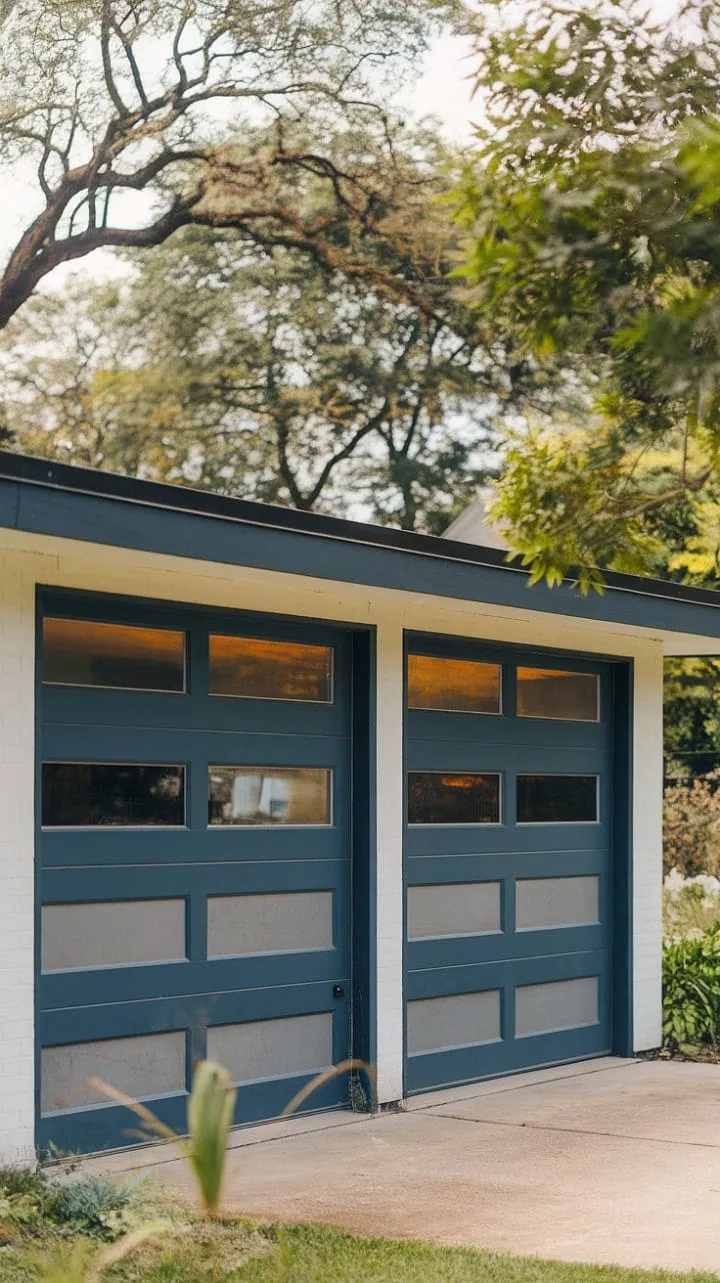 In a vibrant green landscape, dark blue serenity and mid-century modern design converge, showcasing sleek garage doors that beautifully accentuate a crisp white house.