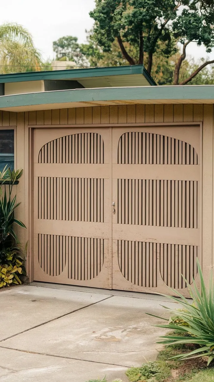 This mid-century gem, with its unique garage door and harmonious blend of aged wood and curved lines, offers a captivating glimpse into a tranquil, elegantly preserved bygone era.