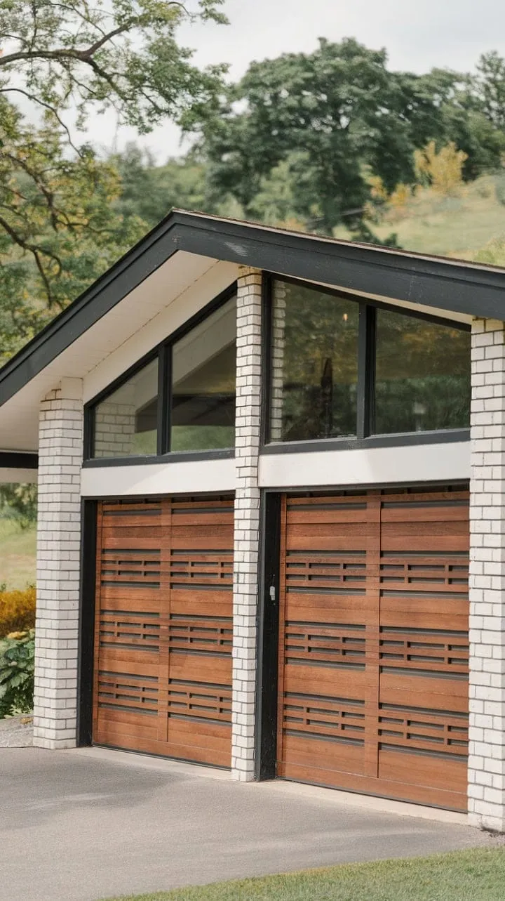This mid-century modern masterpiece harmoniously combines clean lines and bold design with geometric garage doors, expansive windows, and a lush green setting, epitomizing timeless architecture.