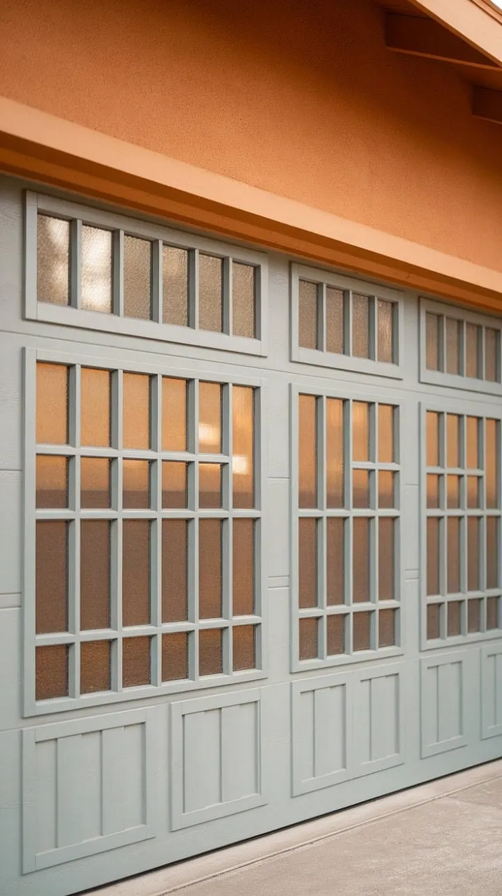 Bathed in the warm glow of sunset, this mid-century modern gem showcases a harmonious blend of form and function, inviting whispers of simpler times through its striking orange stucco and unique windowed garage doors.