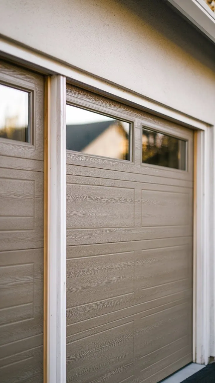 These mid-century modern garage doors, with their subtle gray hue and textured wood accents, embody a timeless elegance that seamlessly merges classic charm with contemporary style.