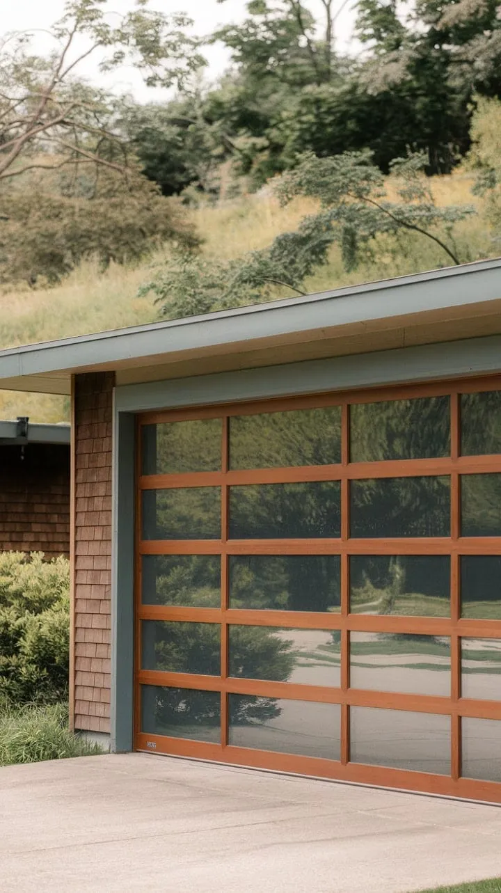 This mid-century modern masterpiece seamlessly blends clean lines with nature, featuring expansive glass panels and a textured wood garage door that embody timeless elegance.