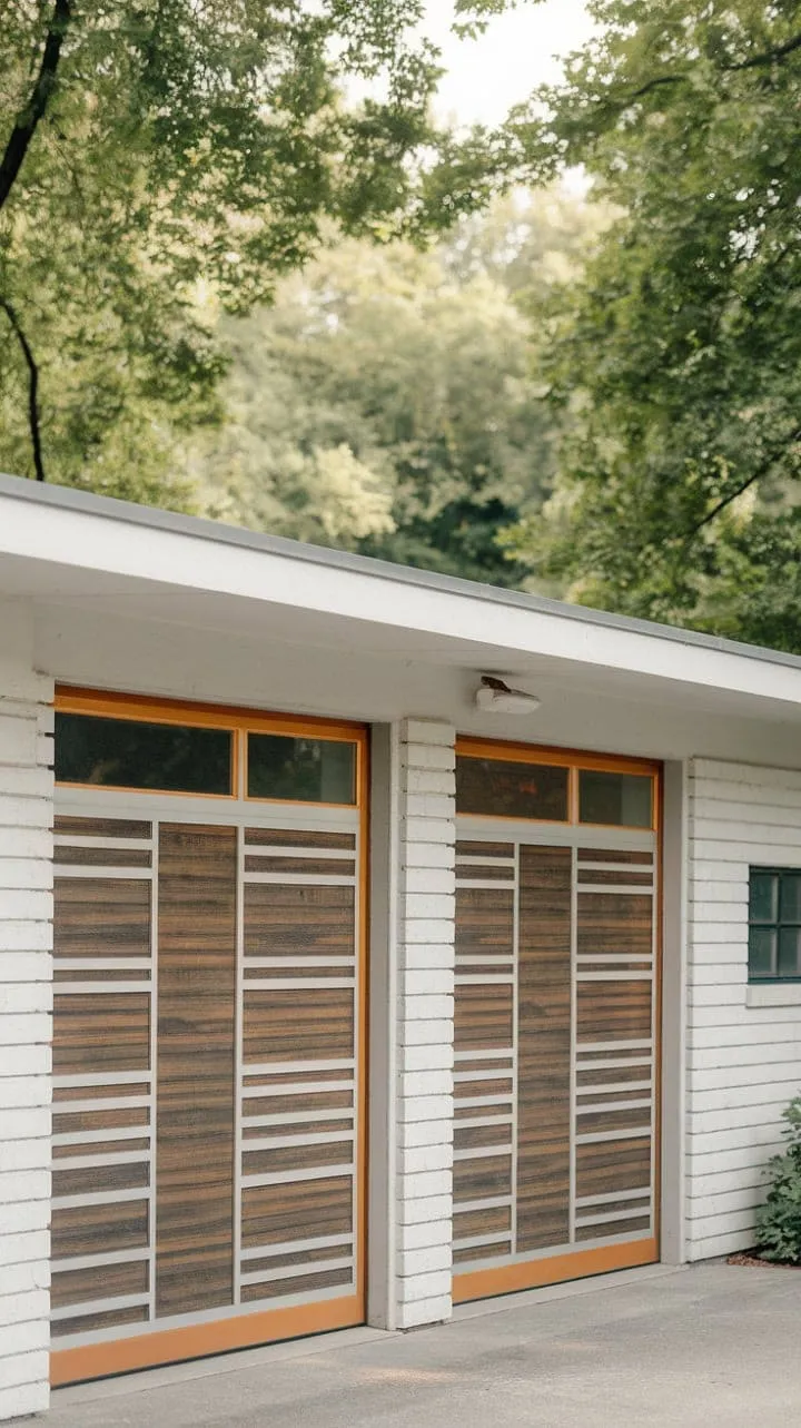 Nestled among trees, this mid-century modern garage showcases timeless design with its clean lines and rich wood grain, embodying understated elegance and architectural brilliance.