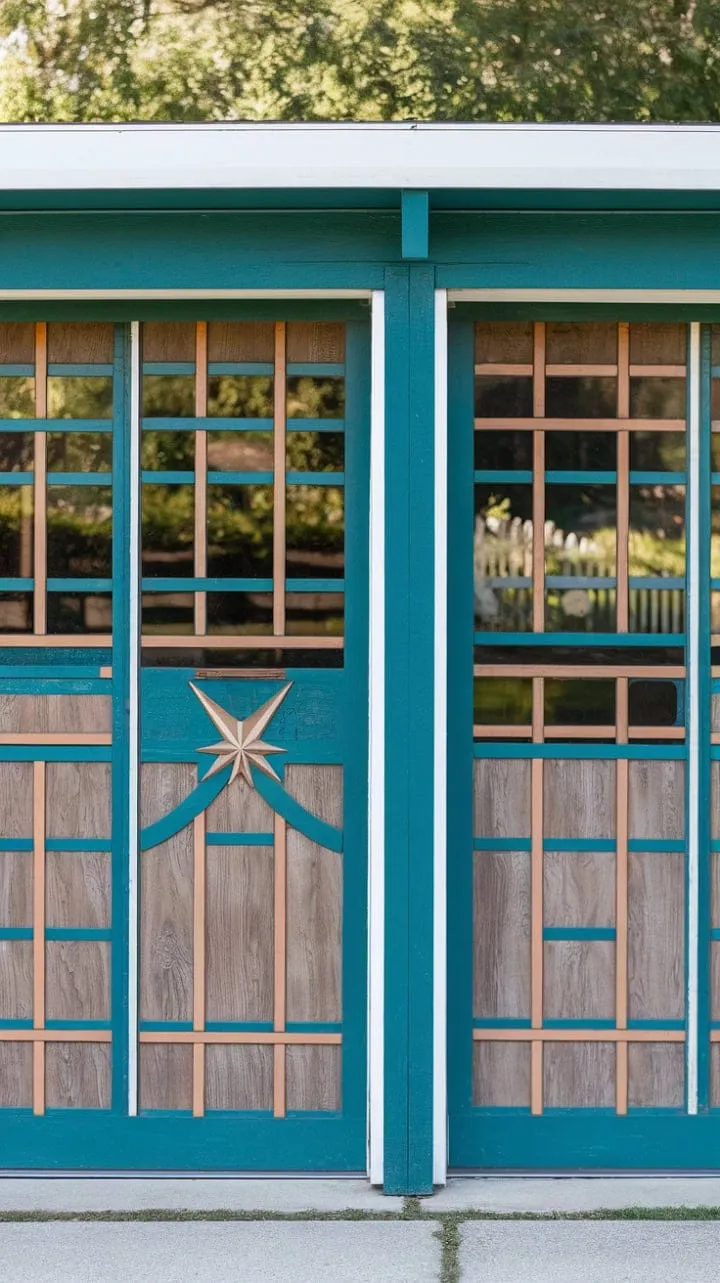 This mid-century modern masterpiece, featuring turquoise garage doors and a white picket fence, harmoniously combines timeless design with vibrant greenery.