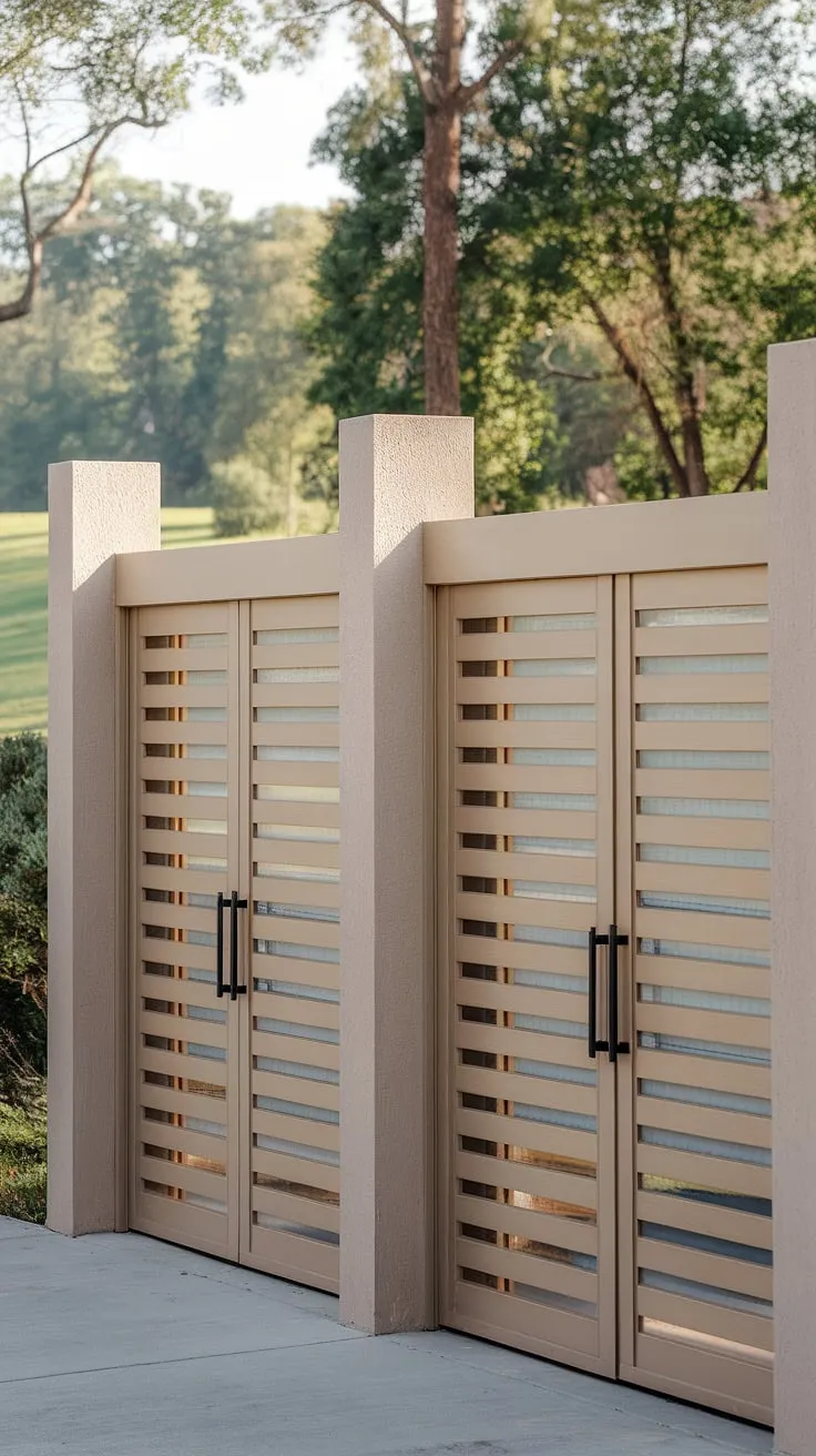 Architectural elegance meets mid-century charm. The horizontal slatted garage doors, a subtle yet striking design element, perfectly complement the home's clean lines and the surrounding lush greenery. A testament to timeless style.