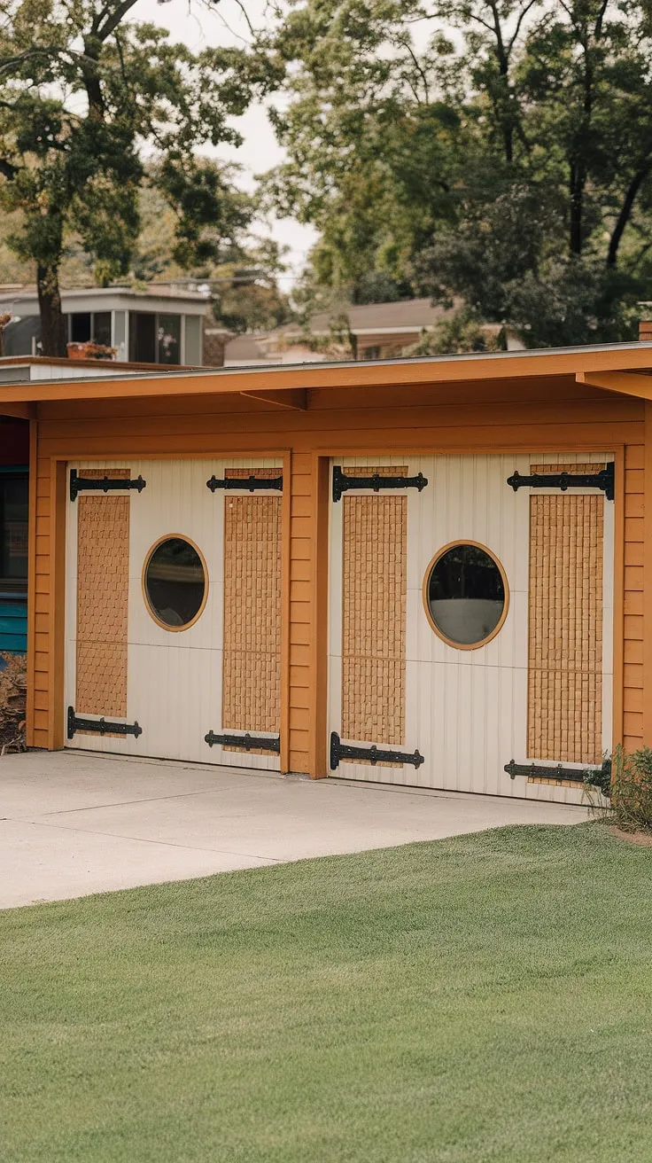 This mid-century modern gem, with its playful garage doors and vibrant orange facade, is a testament to timeless design. The circular window adds a touch of unexpected elegance, perfectly complementing the clean lines and A-frame silhouette. A true architectural delight.