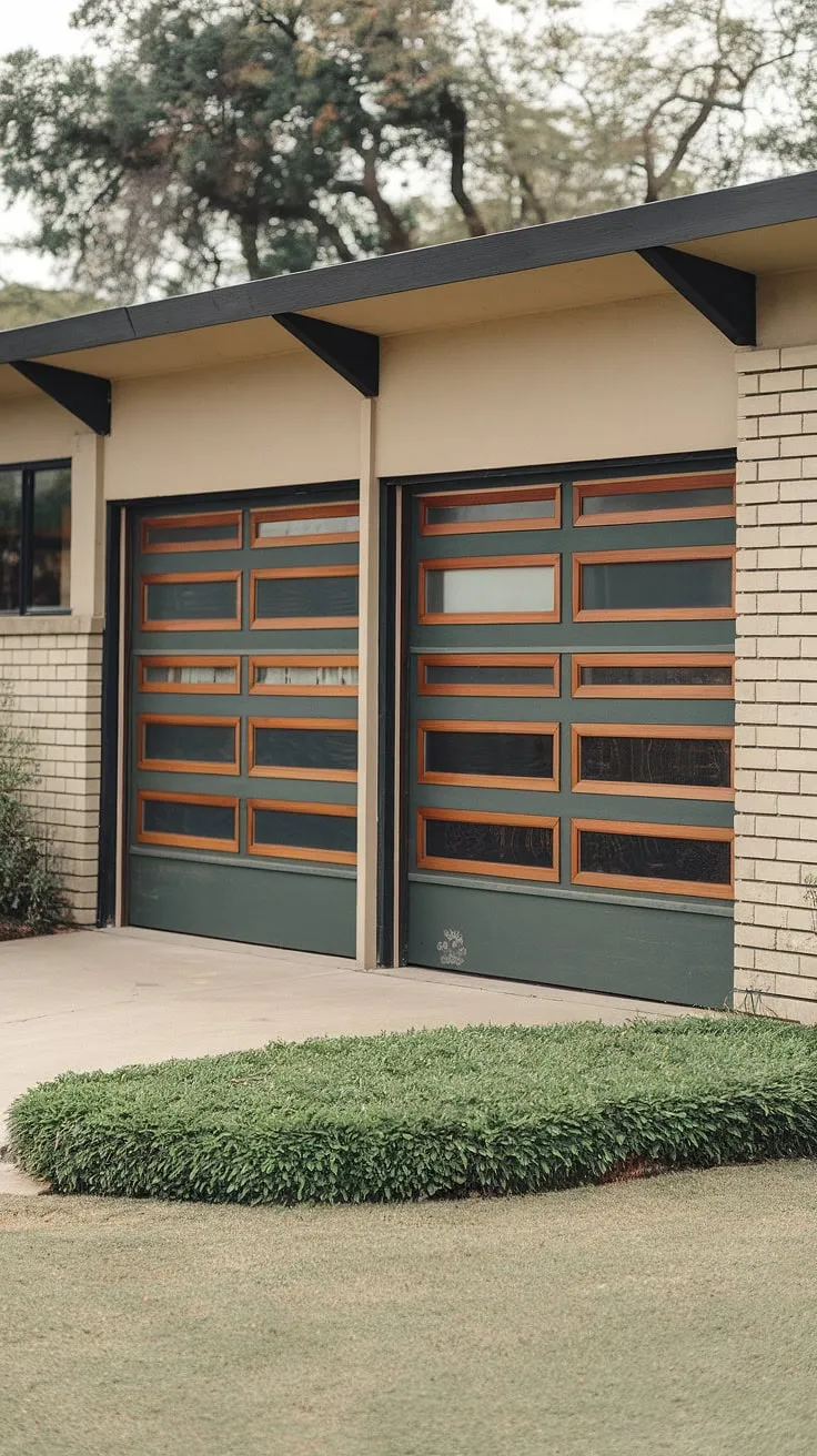 A picture-perfect blend of mid-century modern style and natural beauty. The home's clean lines and muted palette are beautifully offset by the rich green of the garden and the unique slatted garage doors, a detail that elevates the entire aesthetic. A serene oasis awaits.