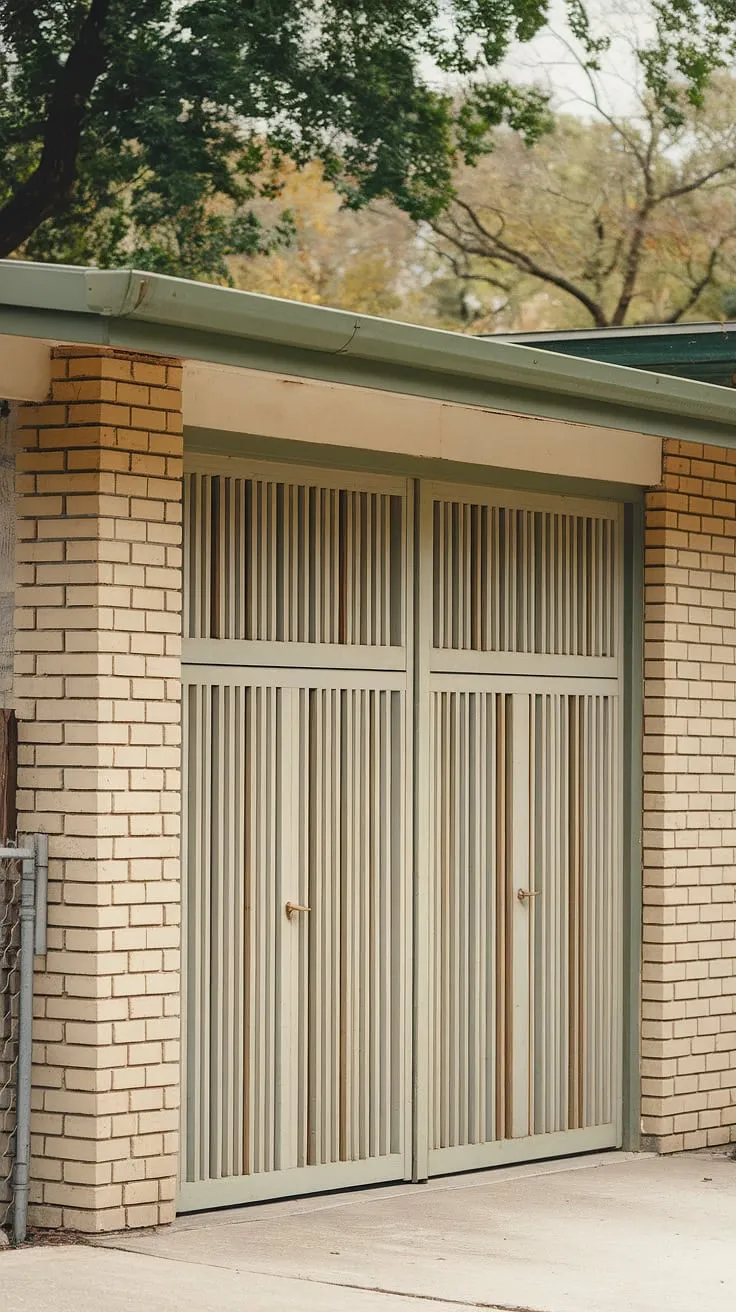 This mid-century modern gem, with its clean lines and charming white slatted garage doors, sits peacefully nestled amongst the trees. The beige brick and green roof create a timeless appeal, a perfect blend of classic architecture and understated elegance. A testament to enduring design, this home offers a tranquil retreat from the everyday.