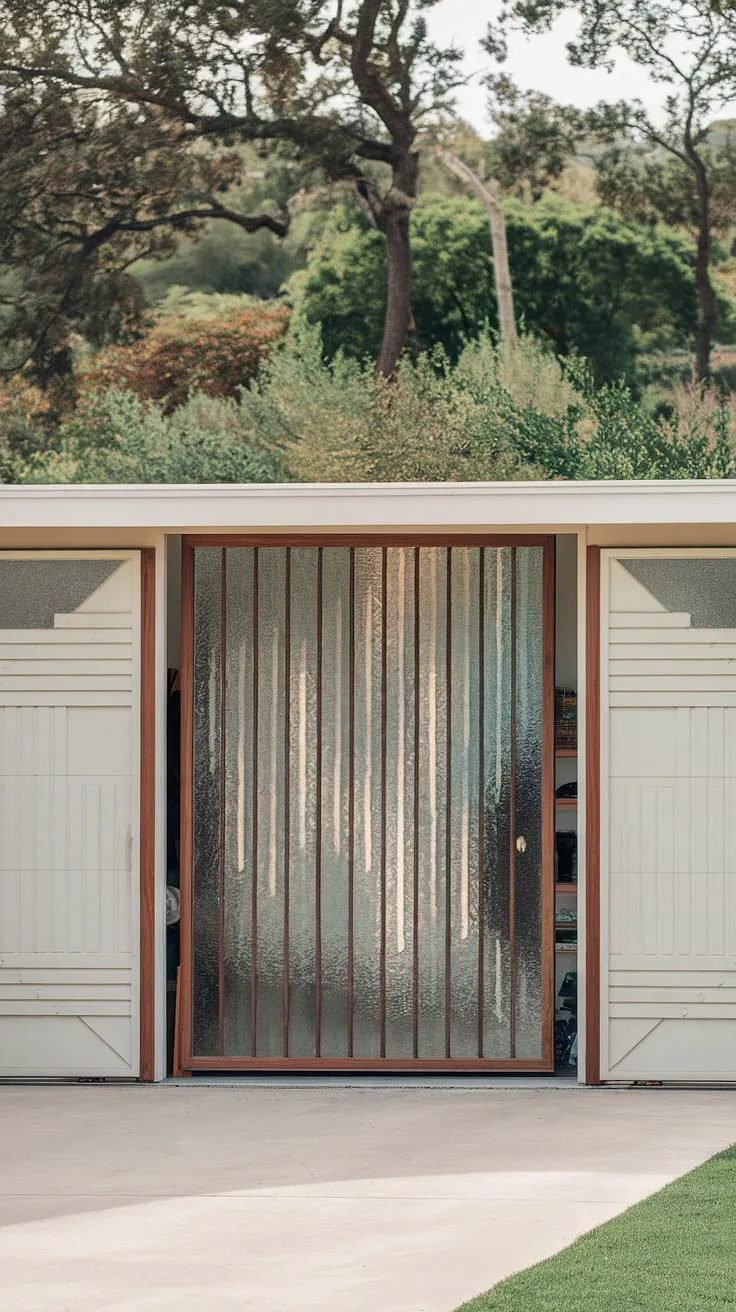 Mid-century modern meets minimalist chic. The clean lines of this home, accentuated by the unique garage doors with their expansive glass panes, perfectly frame the lush greenery beyond. A testament to thoughtful design and seamless indoor-outdoor living. A true architectural gem.