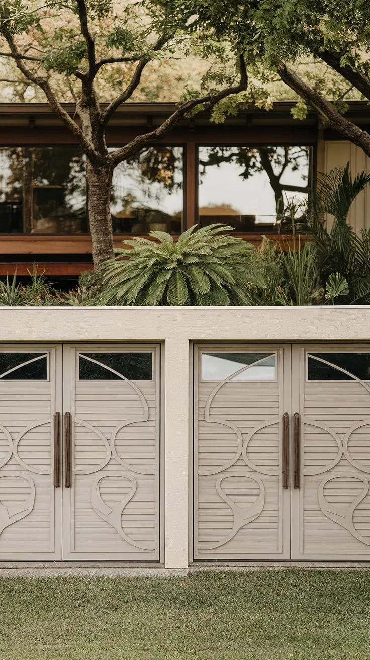 Mid-century modern meets organic elegance. The subtly undulating garage doors, a testament to thoughtful design, perfectly complement the lush landscaping and expansive windows of this architectural gem. A harmonious blend of form and nature, this home is a sanctuary of understated sophistication. A true masterpiece.