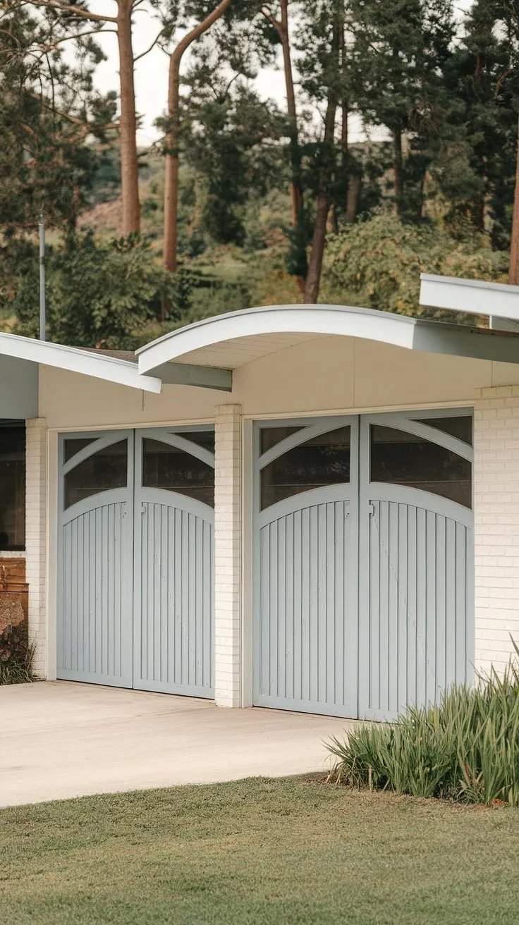 A mid-century modern dream nestled amongst towering trees. The light blue, curved garage doors are a playful yet sophisticated touch, perfectly complementing the clean lines of the white exterior. A testament to timeless design and tranquil living.