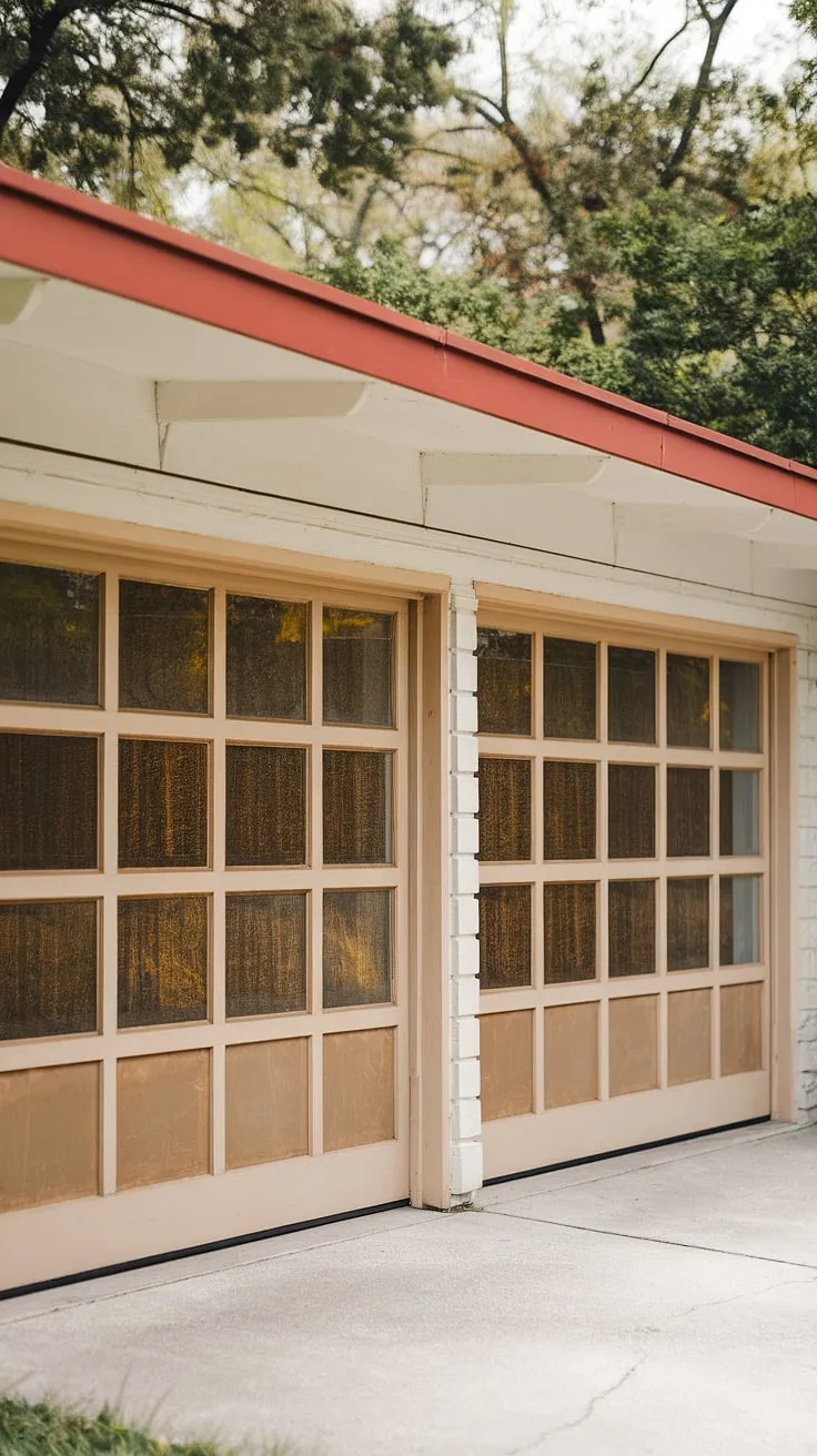 A classic mid-century modern masterpiece. The home's clean lines and carefully considered details, including the unique wooden garage doors, are a showcase of architectural excellence. A picture of understated sophistication nestled amongst vibrant nature.