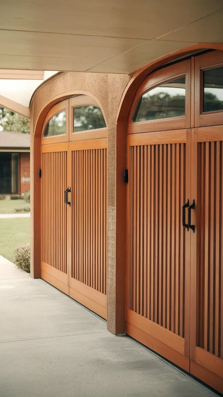 Sun-drenched afternoons and mid-century modern dreams. The vibrant orange of these garage doors, a playful pop against the classic lines of the house, perfectly captures the era's spirit of optimism and design innovation. A testament to the enduring appeal of architectural detail.