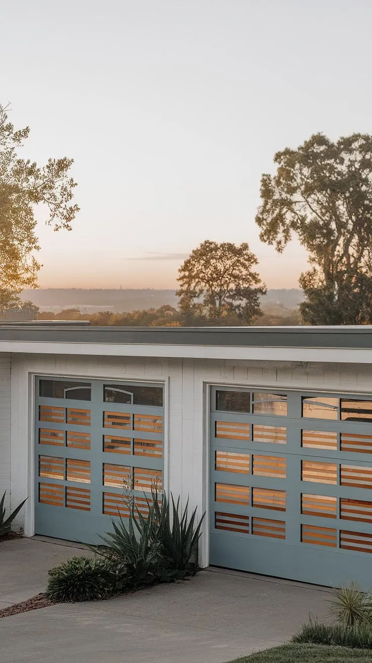 A picture-perfect example of understated sophistication. This mid-century modern home boasts a striking feature: its light blue garage doors with their distinctive horizontal wooden slats. The clean lines and thoughtful details, set against a backdrop of tranquil nature, create a truly inviting A-frame aesthetic.