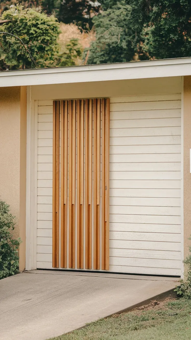 This mid-century gem boasts a beautifully restored garage door, a testament to the enduring appeal of simple design. The vertical wood slats add a touch of unique character, while the crisp white paint complements the home's understated elegance. A tranquil oasis awaits beyond the walkway.
