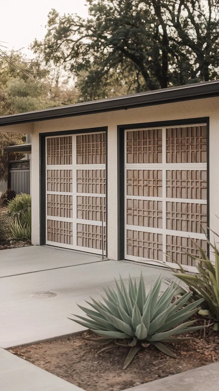 A picture-perfect example of mid-century modern design, this home's white garage doors, with their distinctive slatted pattern, are a captivating focal point. The subtle black trim and lush landscaping create a harmonious and inviting atmosphere.