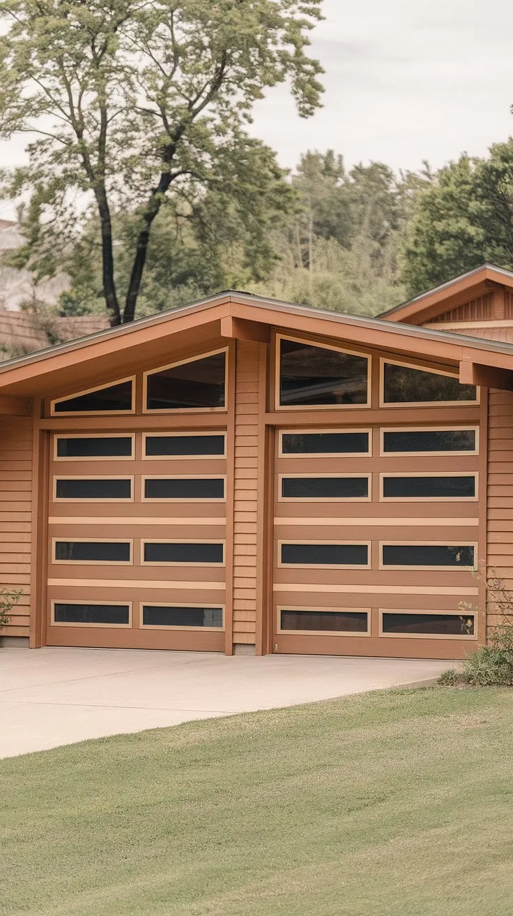 A picture-perfect example of mid-century architecture. The subtly geometric garage doors, a striking feature of this home, are beautifully integrated into the overall design. A tranquil setting and warm, inviting tones complete this idyllic scene.