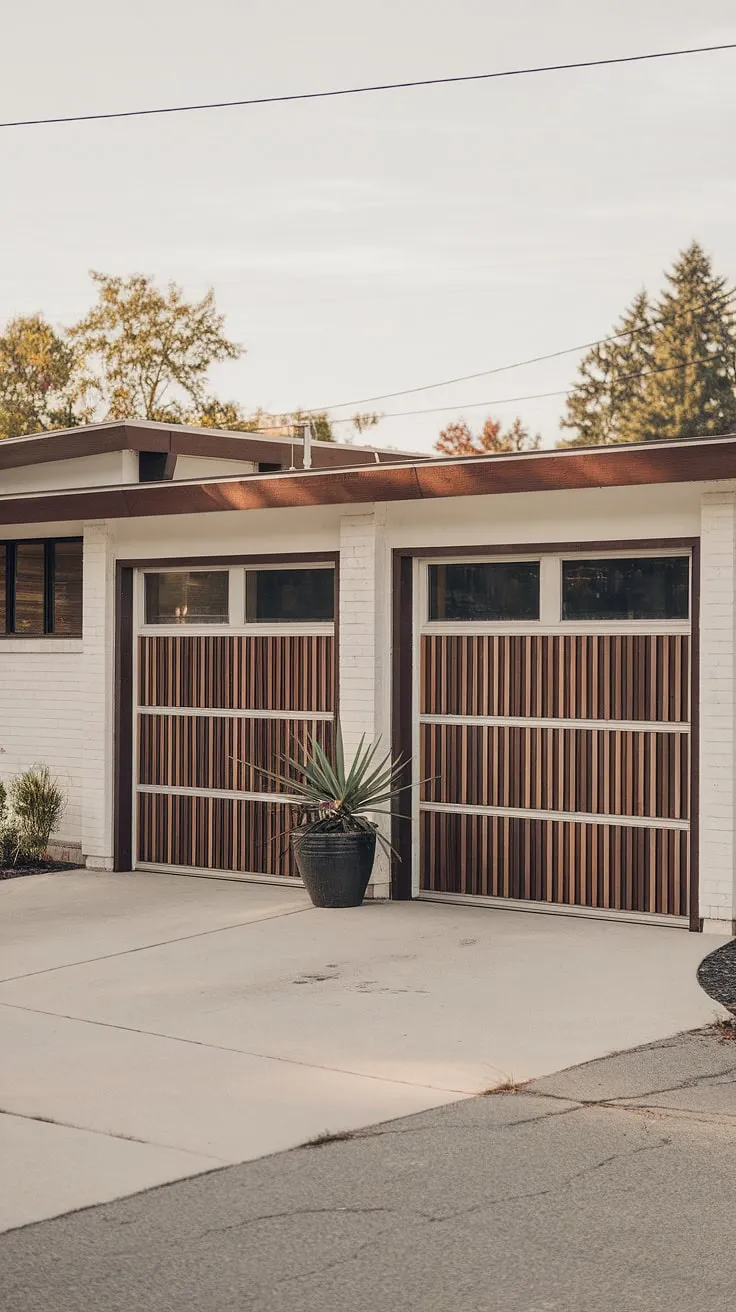 A picture-perfect suburban escape. This mid-century modern home, accented with rich brown details and featuring unique vertical slatted garage doors, offers a serene retreat. A simple potted plant adds a touch of nature to this architectural masterpiece, showcasing the harmonious blend of design and environment. A true testament to classic elegance.