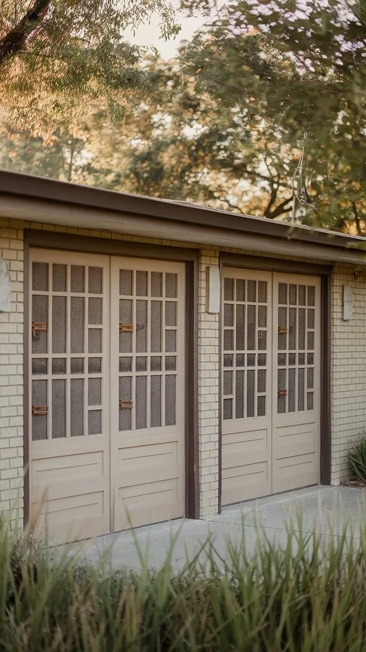 This mid-century modern gem boasts a beautifully restored garage, its unique wood grid doors a testament to the era's elegant simplicity. The warm beige perfectly complements the rich brown trim, creating a timeless appeal that's as inviting as the lush greenery surrounding it. A true architectural treasure.